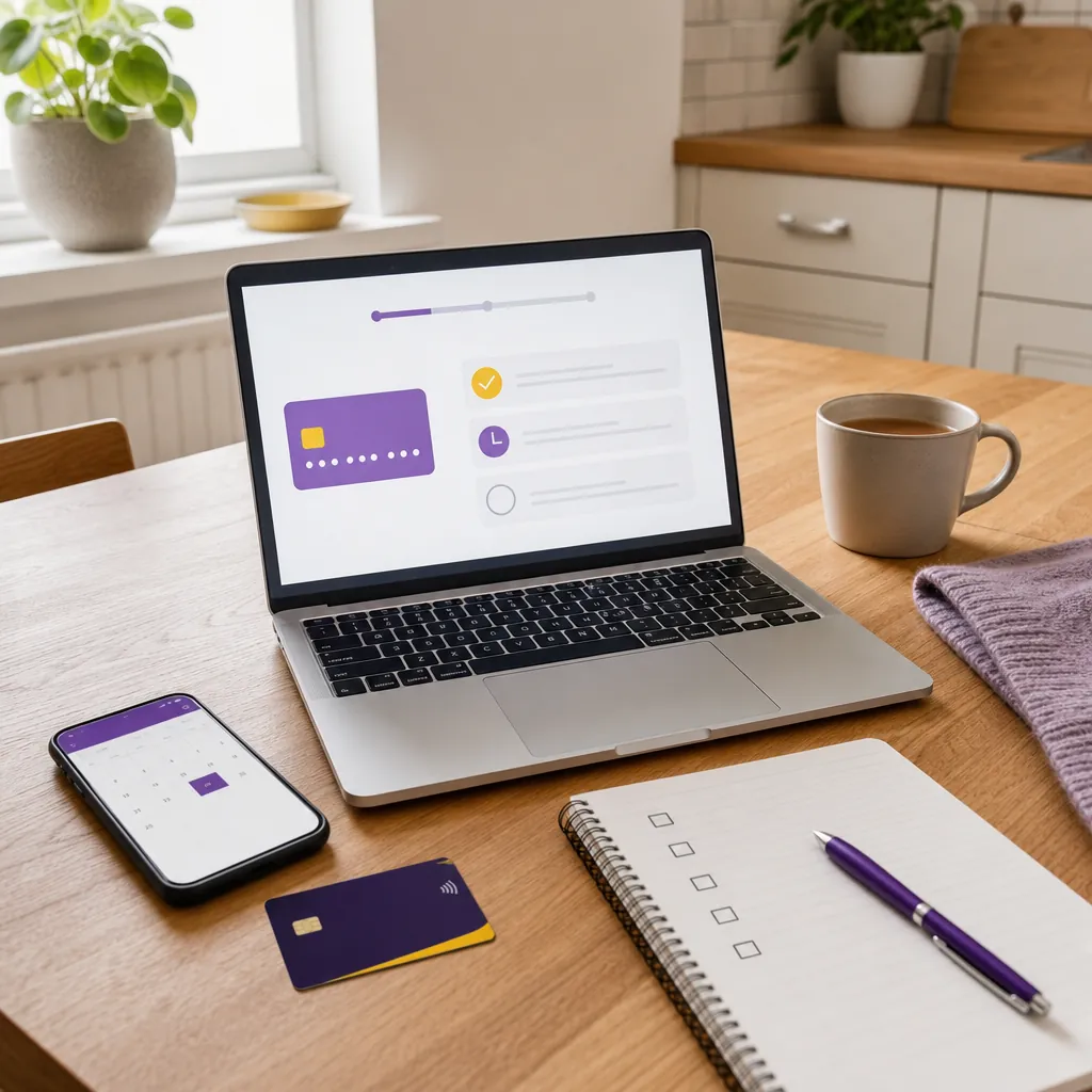 laptop showing a generic credit card eligibility screen beside a calendar reminder, notebook and unbranded card